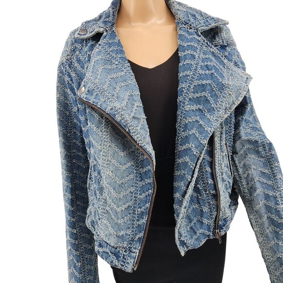 Free People Women' Punched Denim Moto Jacket Size 10 Herringbone Blue Jean Biker - Picture 5 of 12